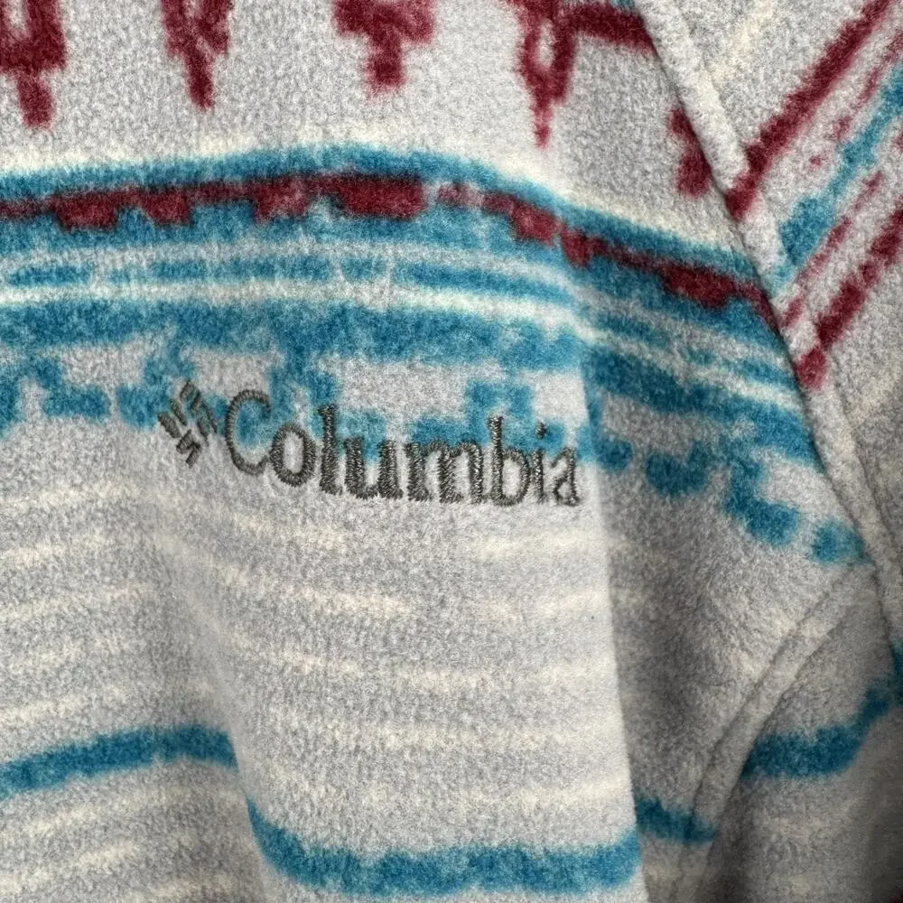 Columbia Jacket Womens Medium Gray Blue Red Fleece Full Zip Aztec Print Outdoors